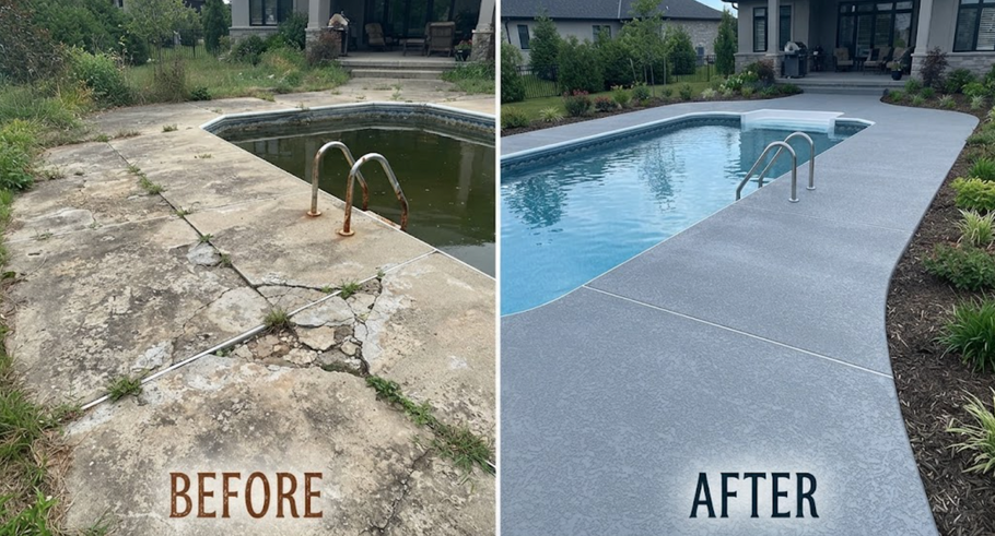 Split before-and-after of a pool deck repair: cracked stone replaced with smooth gray concrete.