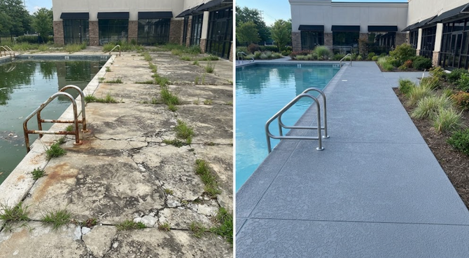 Before-and-after of a pool deck renovation beside a swimming pool, showing cracked with smooth gray pavement.