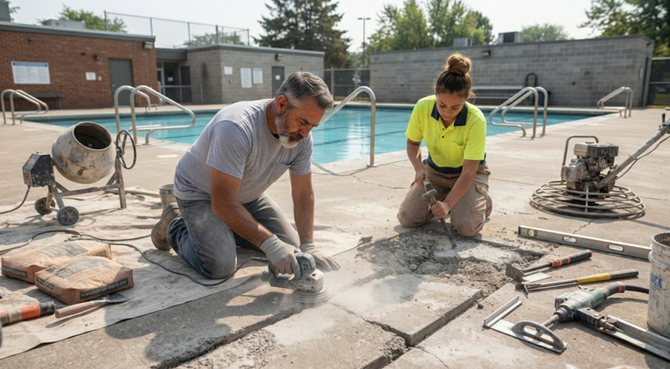 Two workers cutting concrete beside a swimming pool, with tools and dust on the deck.