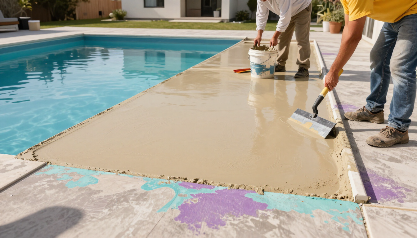 Workers repainting a pool deck beside a swimming pool with rollers and buckets