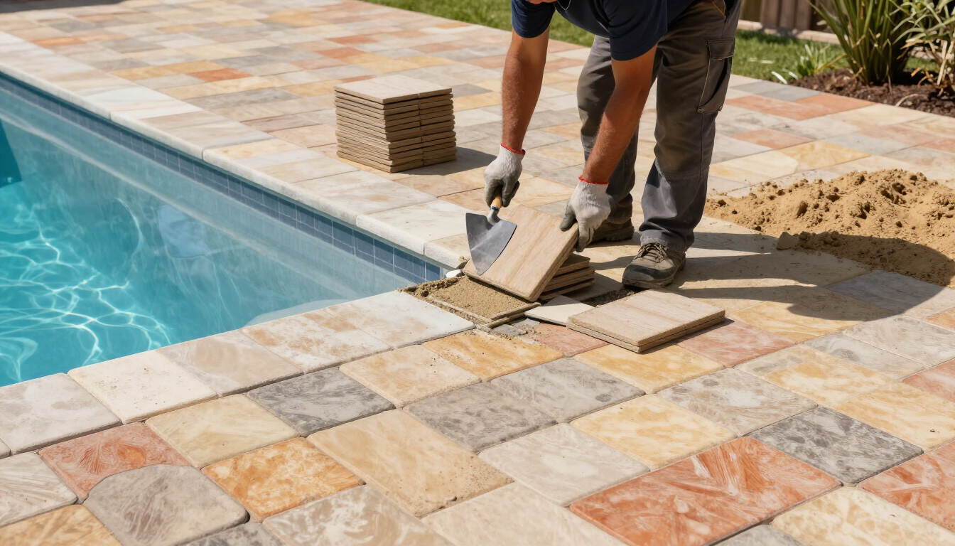 Worker installing stone pavers beside a swimming pool, with a tiled patio in the foreground.