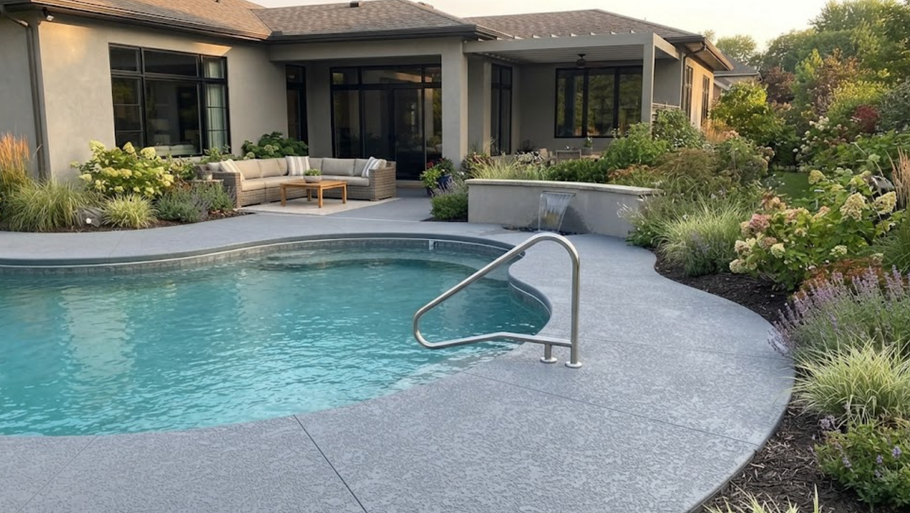 Backyard swimming pool with curved concrete deck, metal handrail, and landscaped patio outside a house