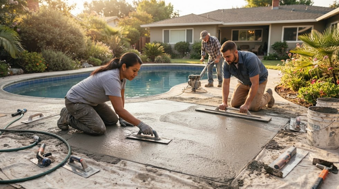Workers resurfacing a backyard pool deck beside a swimming pool and house, with tools and wet concrete.