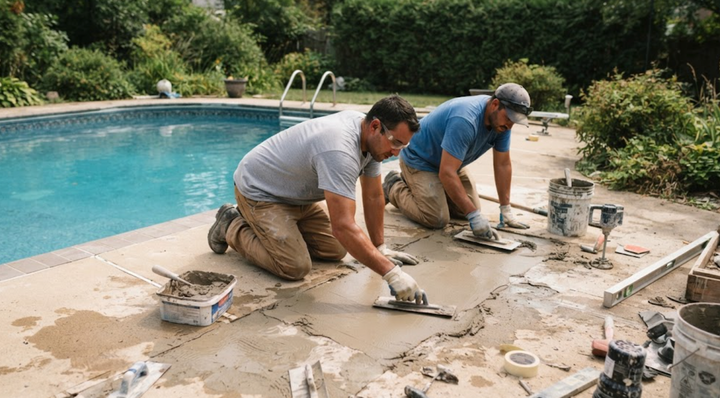 Two workers in a blue poolside patio repairing cracked concrete near a swimming pool