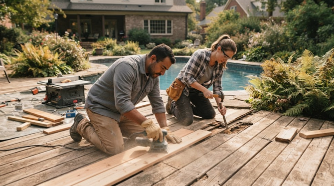Two people kneeling on a wooden deck, installing planks beside a backyard pool.