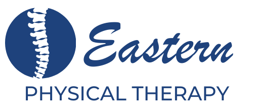 The logo for eastern physical therapy shows a spine in a blue circle.