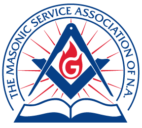 Logo of The Masonic Service Association of North America with blue compass, red flame, and open book