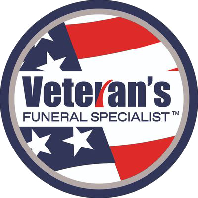 Veteran’s Funeral Specialist logo with patriotic red, white, and blue American flag design