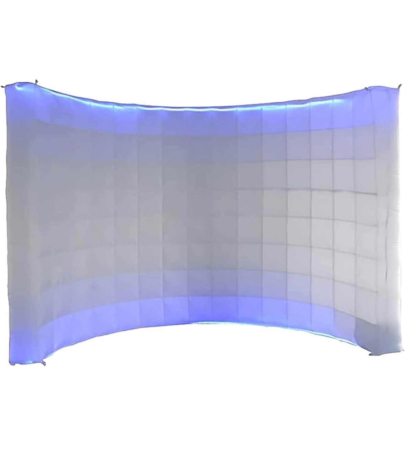 A curved wall with blue lights on it on a white background.