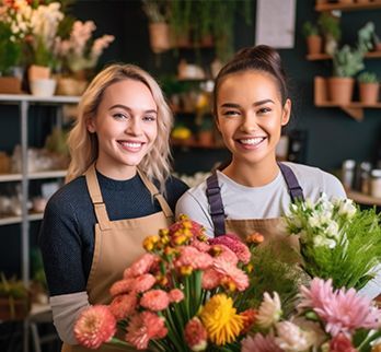 Two smiling florists wearing aprons stand in a shop behind a vibrant, assorted flower bouquet.