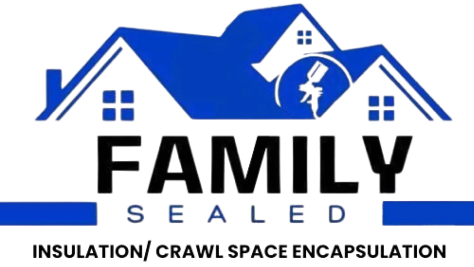 Blue logo with house silhouettes and the words