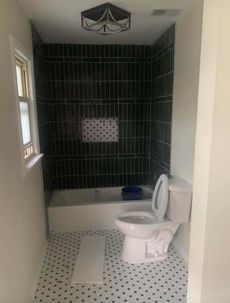 A bathroom with a toilet , bathtub and shower.
