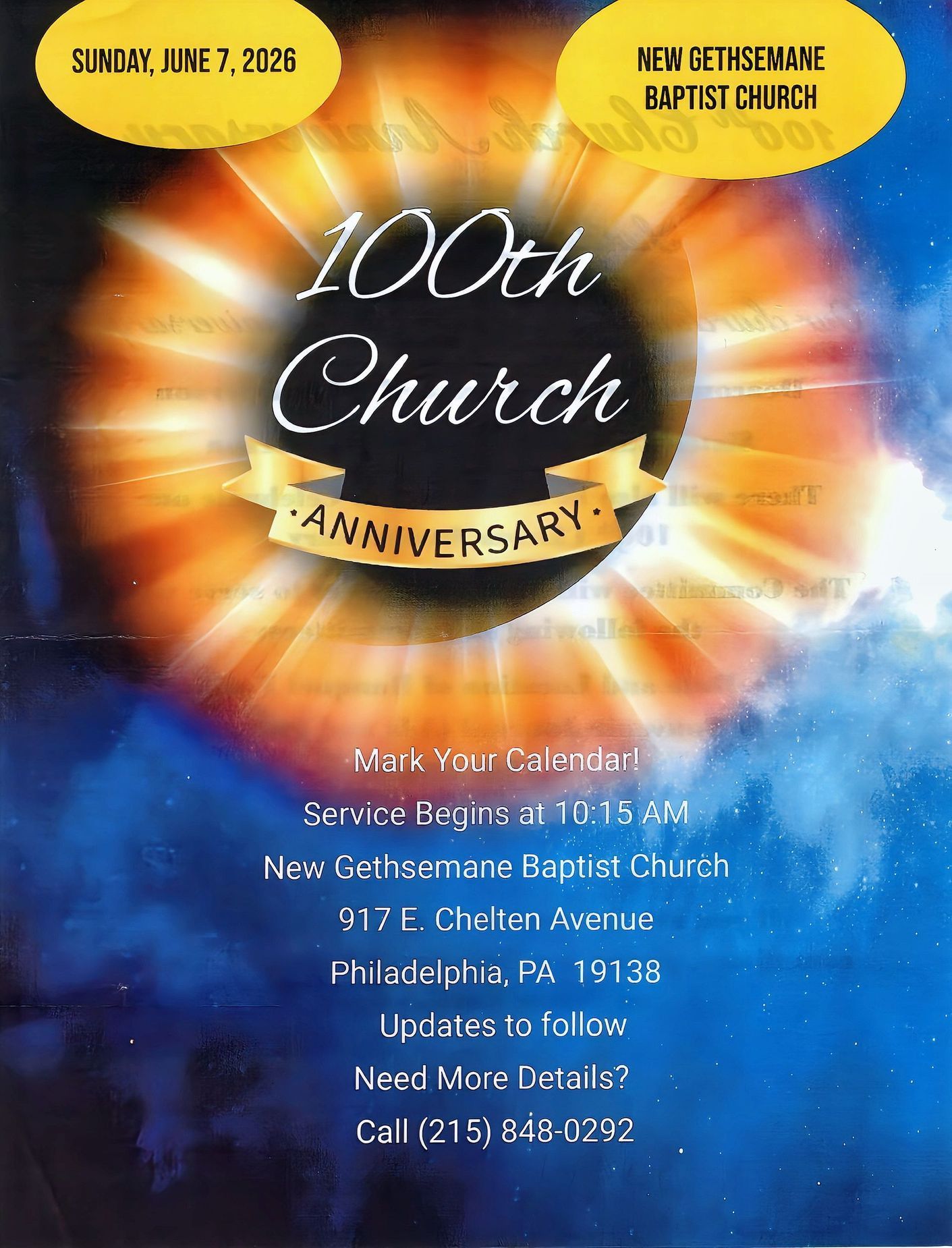 Church anniversary flyer with blue background and glowing gold 100th anniversary emblem, date and contact details.