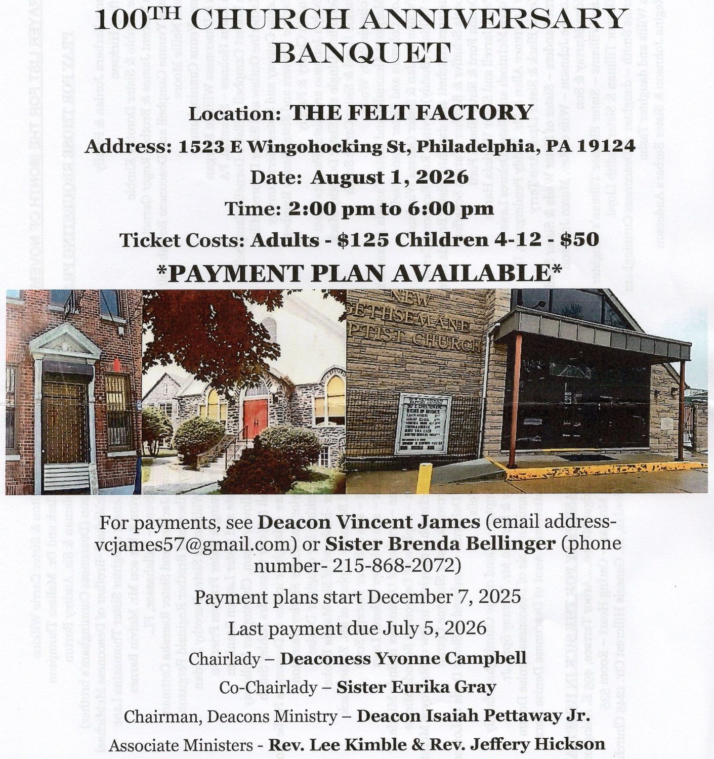 100th Church Anniversary Banquet flyer with St. Vincent de Paul details, date, ticket prices, and church photos
