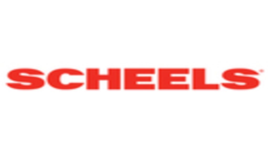 A red and white logo for scheels on a white background