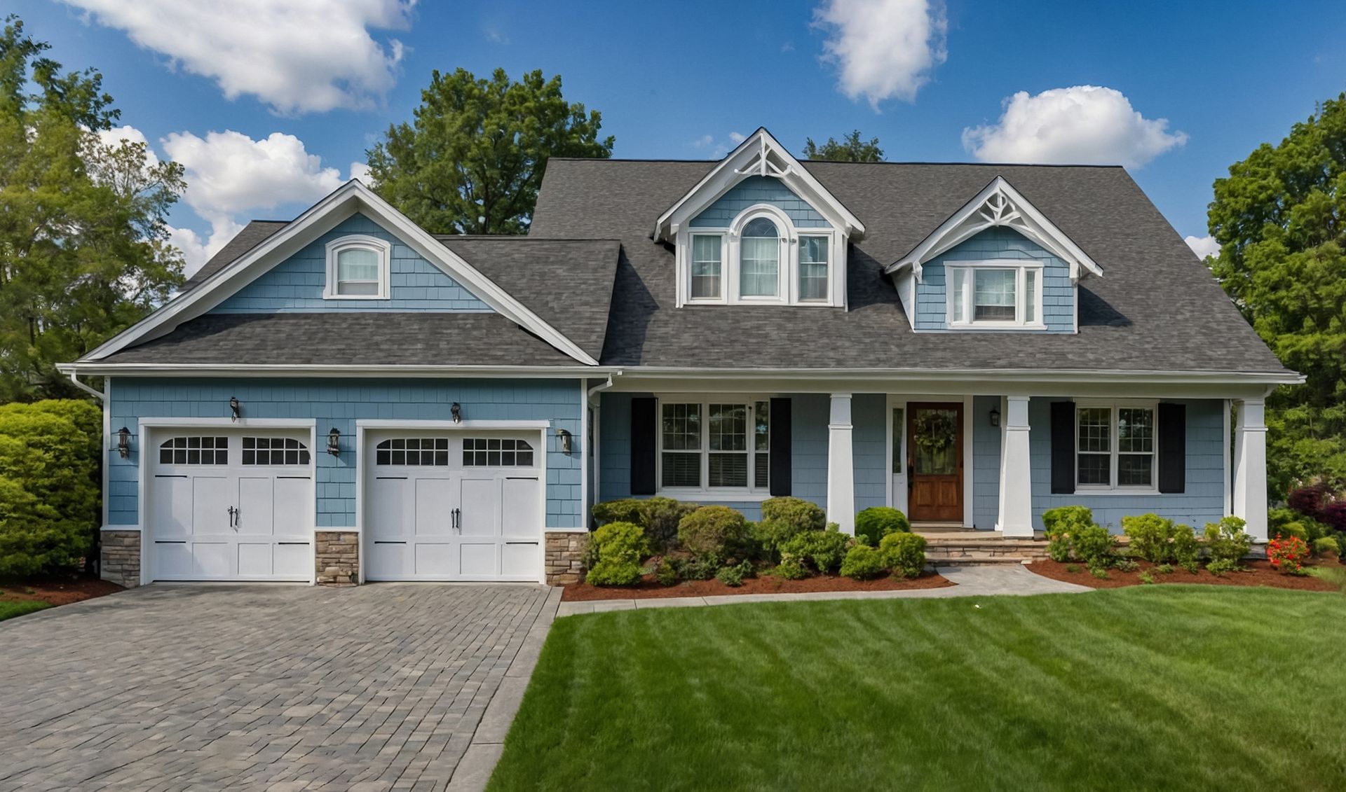 A blue house with a gray roof and white garage doors