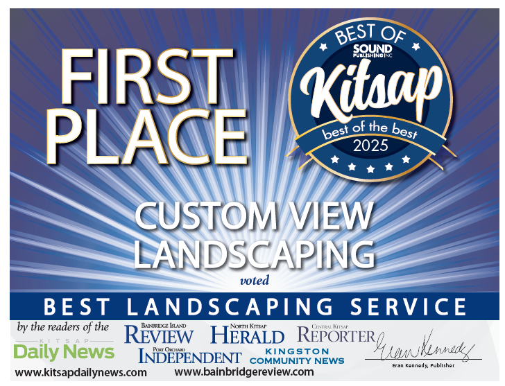 2025 First Place award graphic for Custom View Landscaping, Best of Kitsap, blue and gold banner