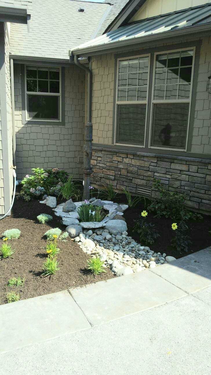 Front yard garden bed with white rocks, dark mulch, and yellow flowers beside a house