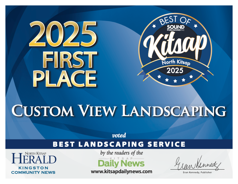 2025 First Place award graphic for Custom View Landscaping, Best of North Kitsap, blue and gold banner