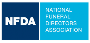 the logo for the national funeral directors association is blue and white .
