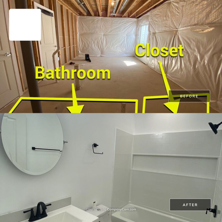 Bathroom and closet in a room under renovation, with unfinished walls and exposed framing.