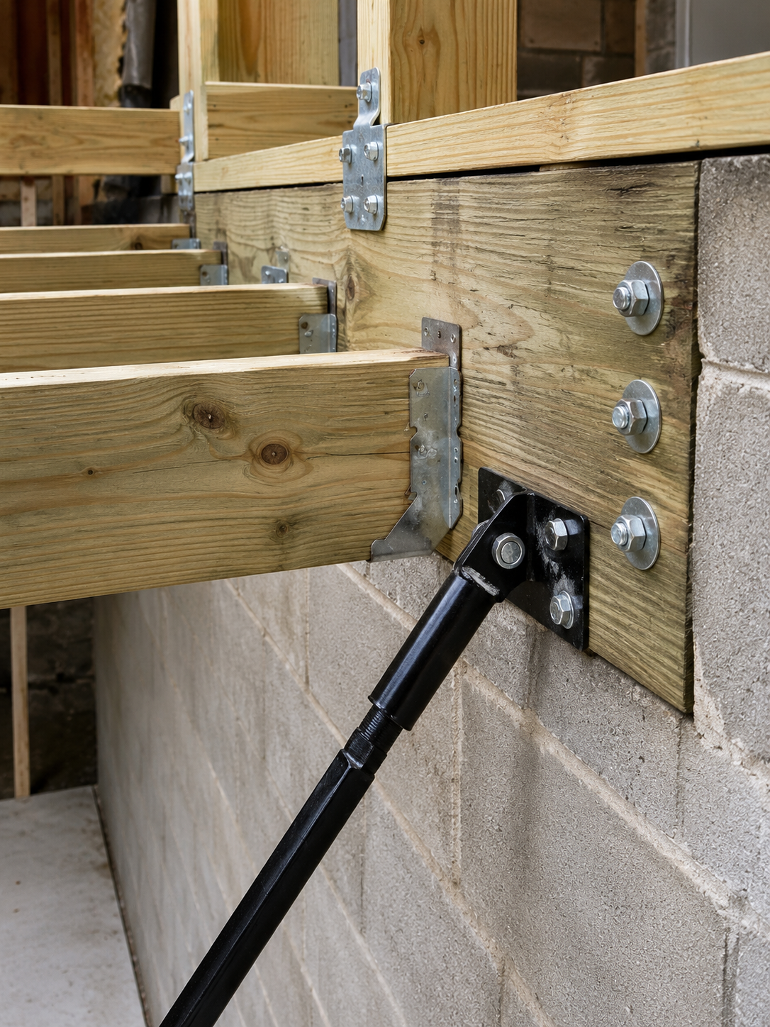 Wooden deck framing with a black support post bracket attached to a cinder block wall