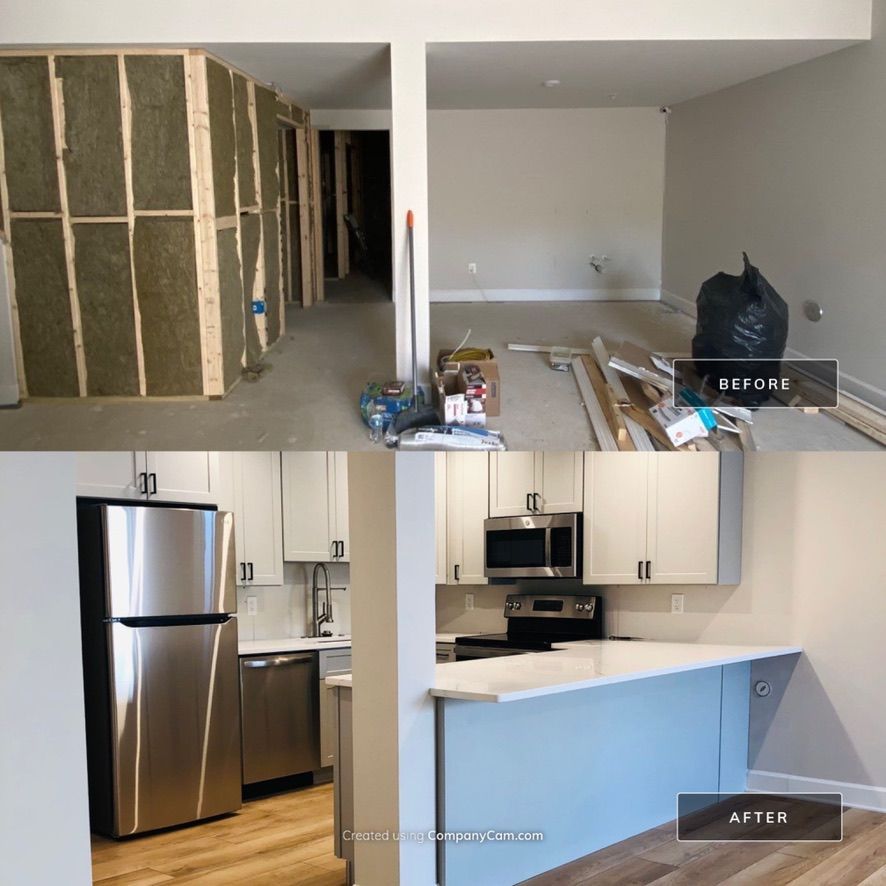 Kitchen renovation before-and-after: unfinished room with exposed insulation, then updated white cabinets 