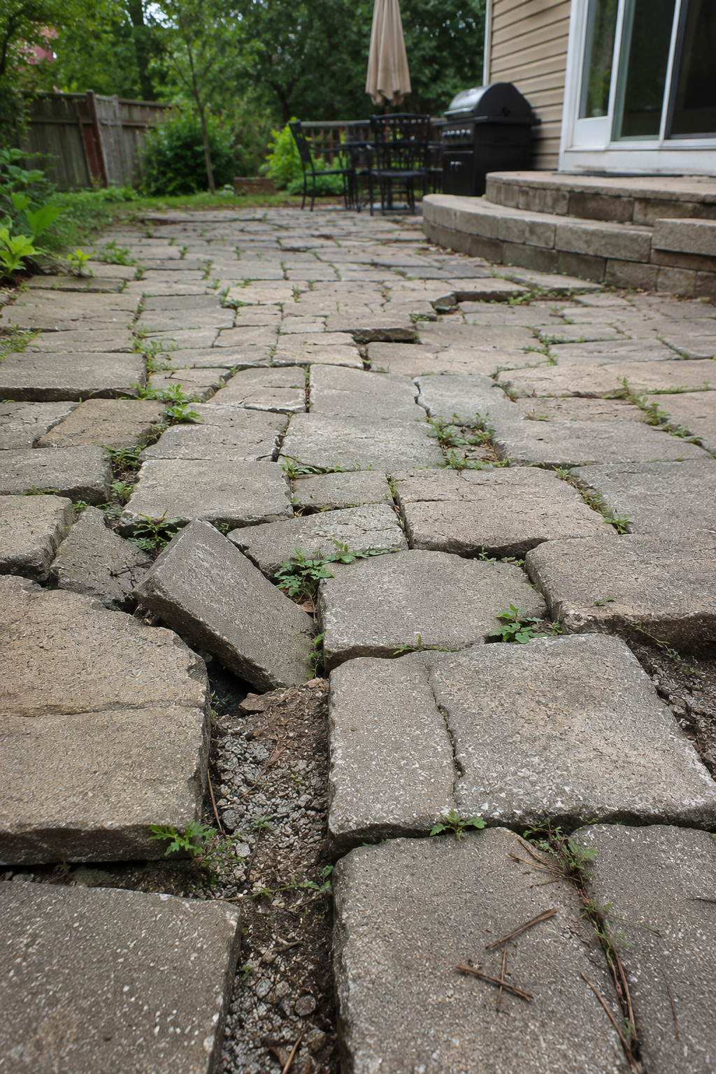 Cracked stone patio leading to a house, with weeds growing between uneven pavers.