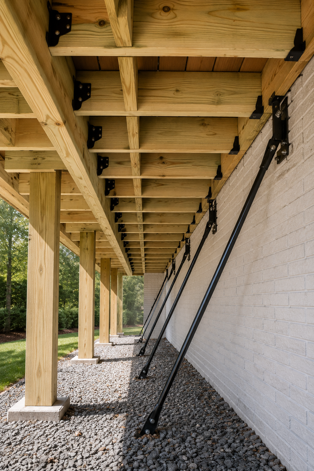 Wooden deck support beams beside a white brick wall with black metal braces over gravel.