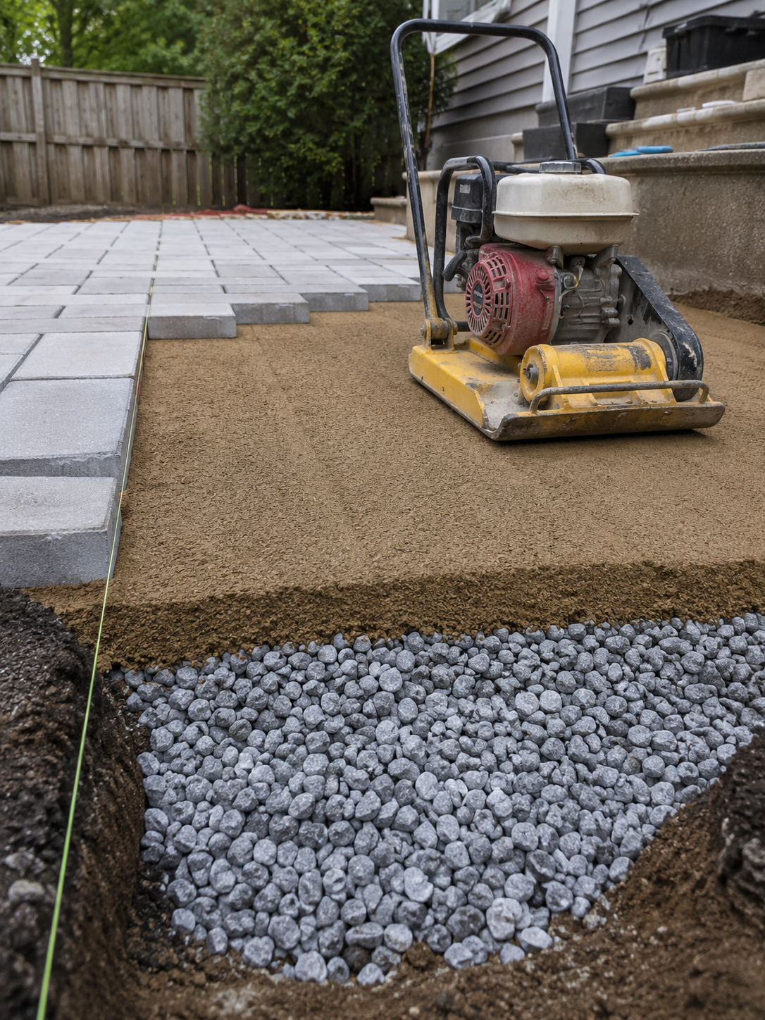 Plate compactor leveling gravel base beside a paved patio and stone border