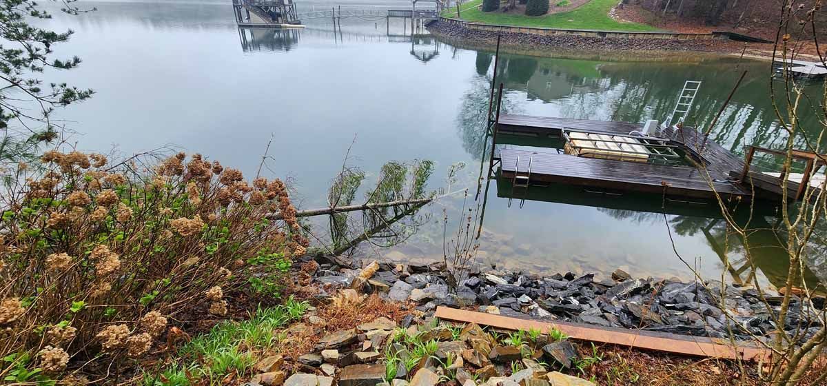Lakeside view on an overcast day. A wooden dock extends into the water near the shore, with buildings in the distance.