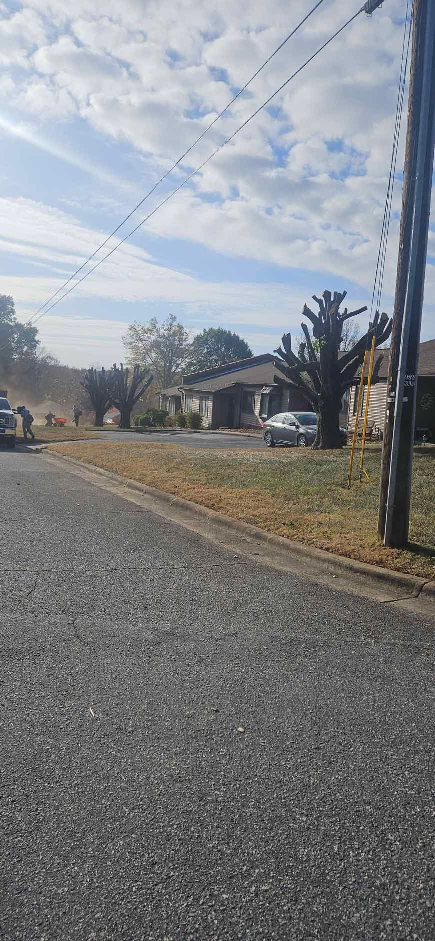 Gravel road leads toward houses with a car parked in front; bare trees and power lines under a cloudy sky.