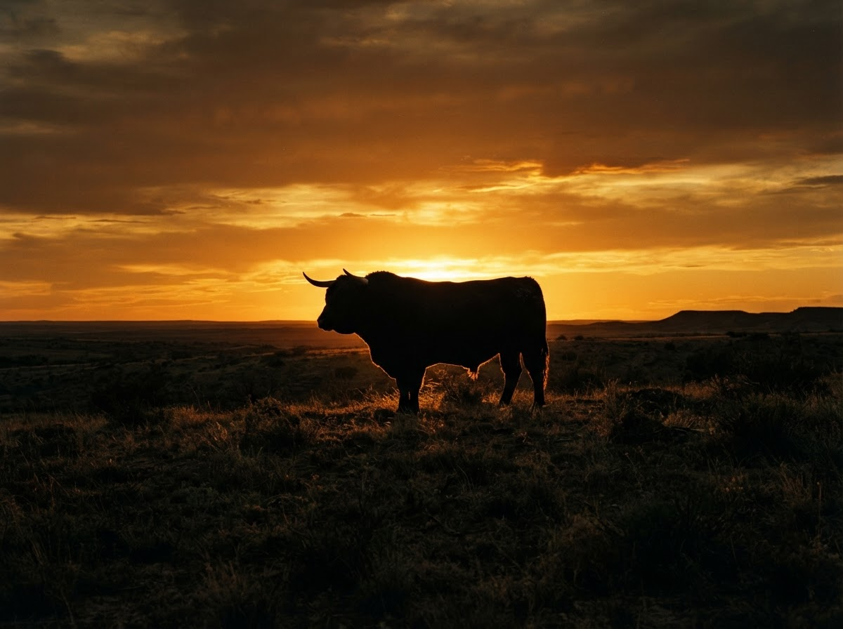 Silhouetted bull in a field at sunset with an orange sky