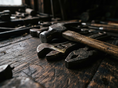 Worn hammer and wrenches on a dark wooden workbench in a dim workshop