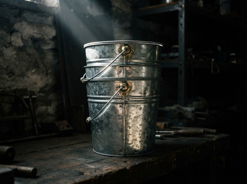 A dented metal bucket with wire handles sits on a worn workbench in a dim workshop.