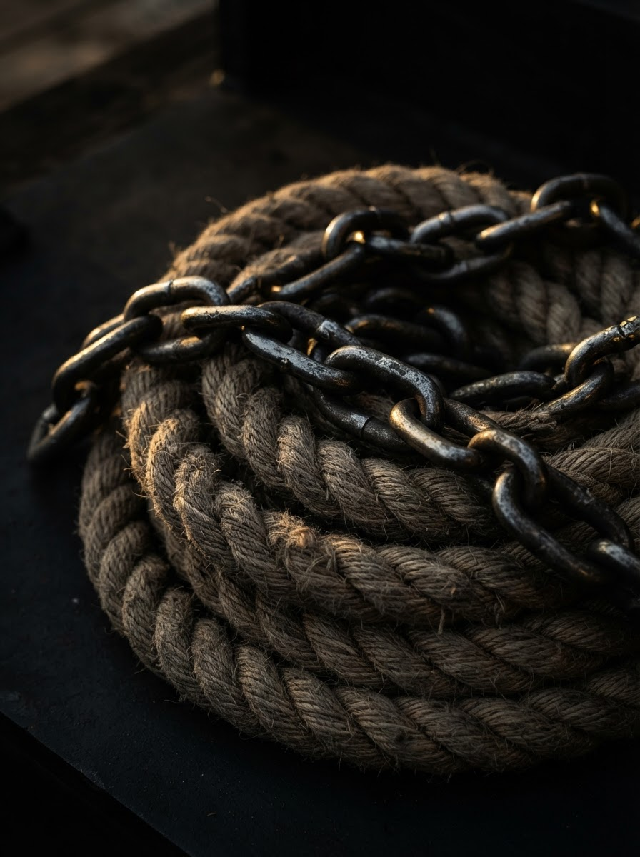 Coiled brown rope with a metal chain wrapped around it on a dark surface