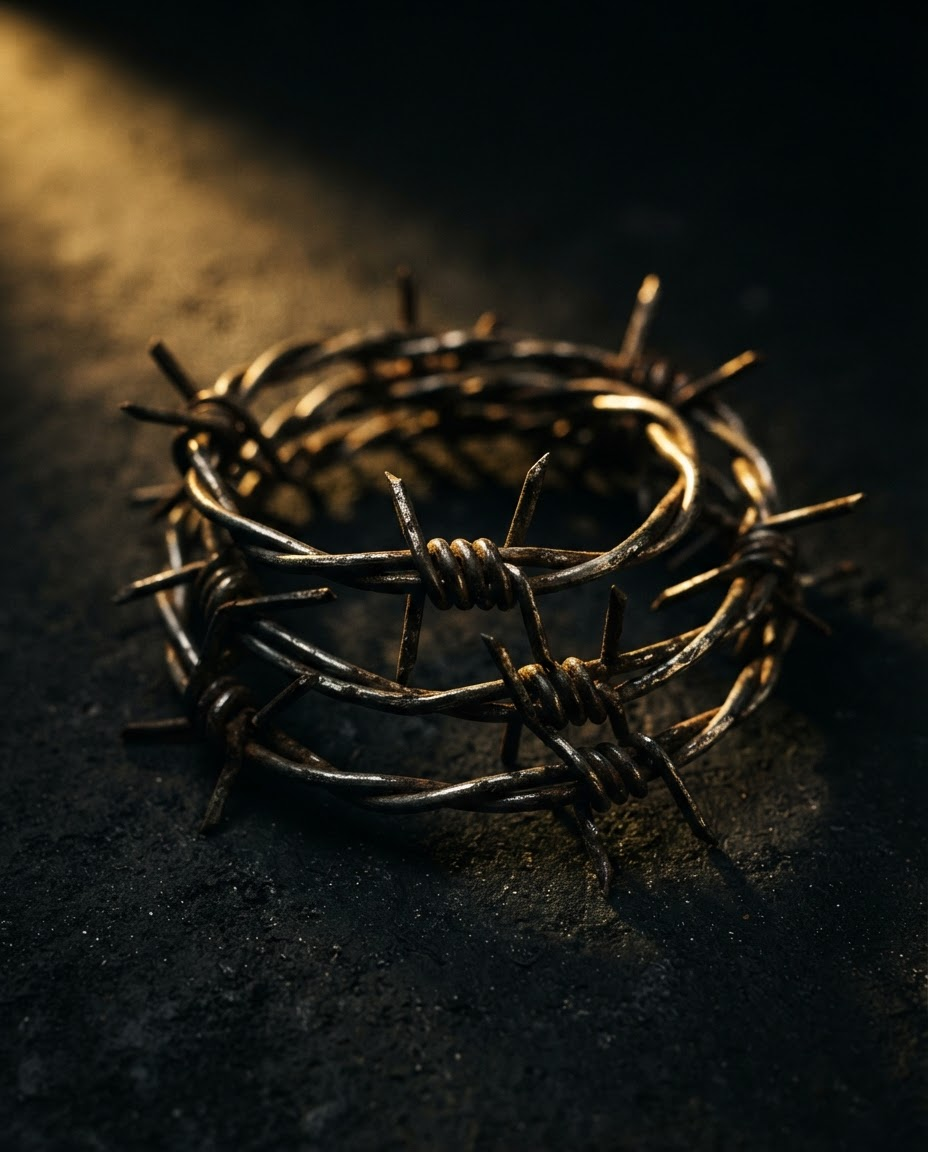 Barbed wire coiled into a crown-like ring on a dark surface, lit by warm light