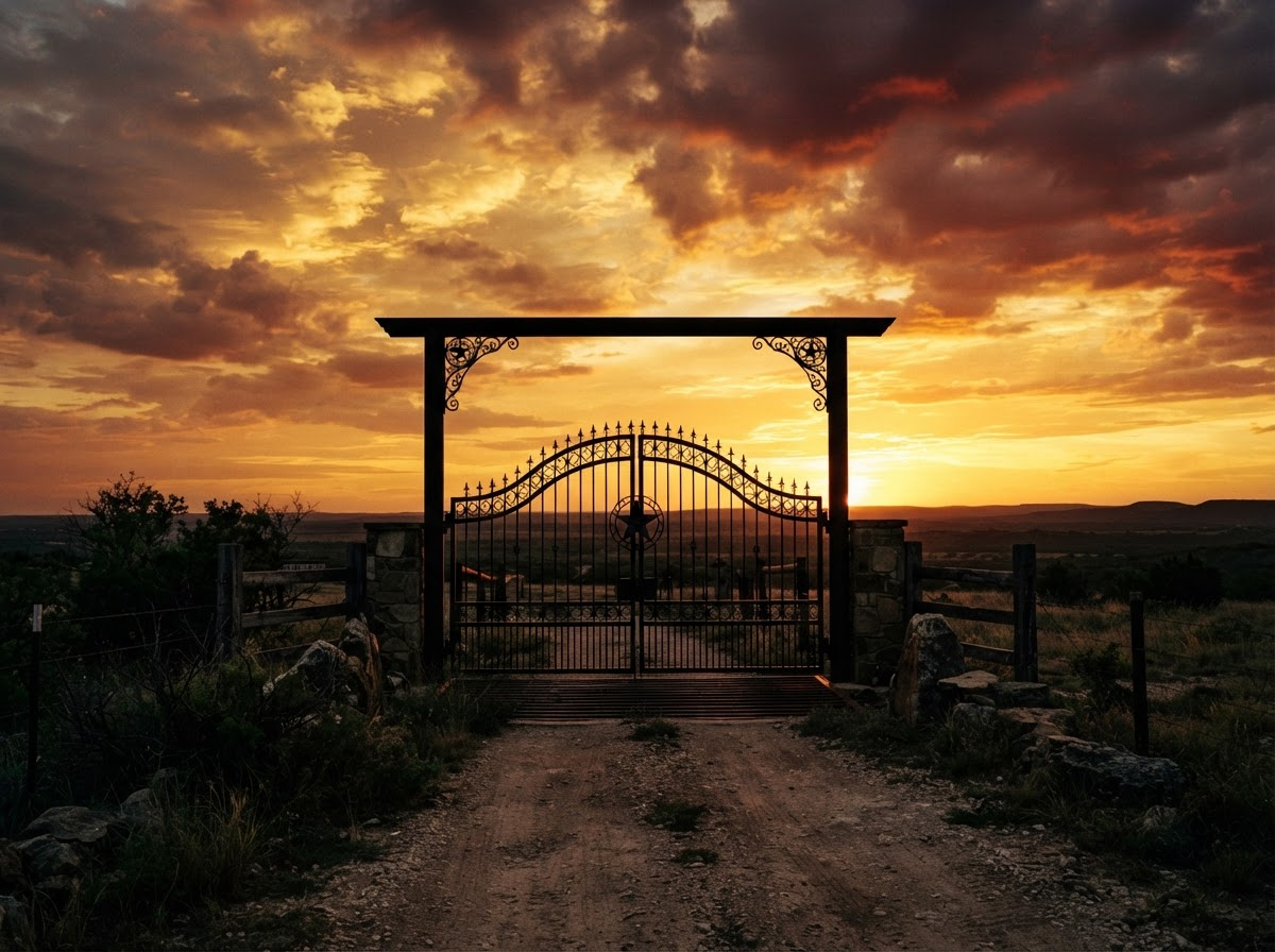 Gated ranch entrance at sunset beneath dramatic orange clouds, with a dirt road leading in