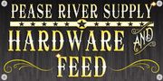 Pease River Supply Hardware and Feed sign in cream lettering on a dark background with gold accents