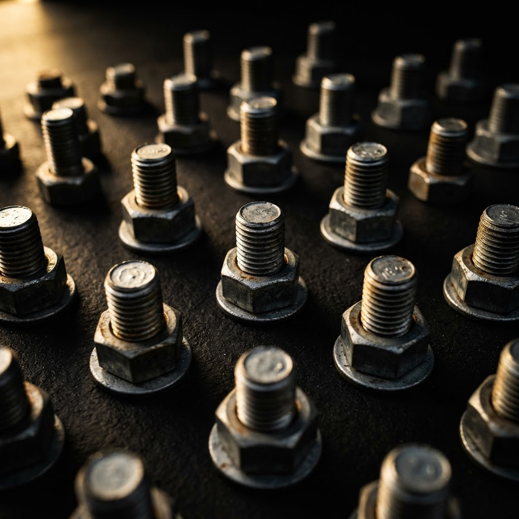 Close-up of metal bolts and nuts arranged in rows on a dark surface