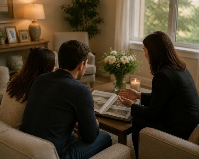 Family meeting with funeral professional during cremation services in Colchester, VT