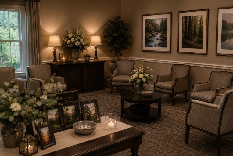 Welcoming memorial room with flowers and comfortable seating for cremation services in Colchester,VT