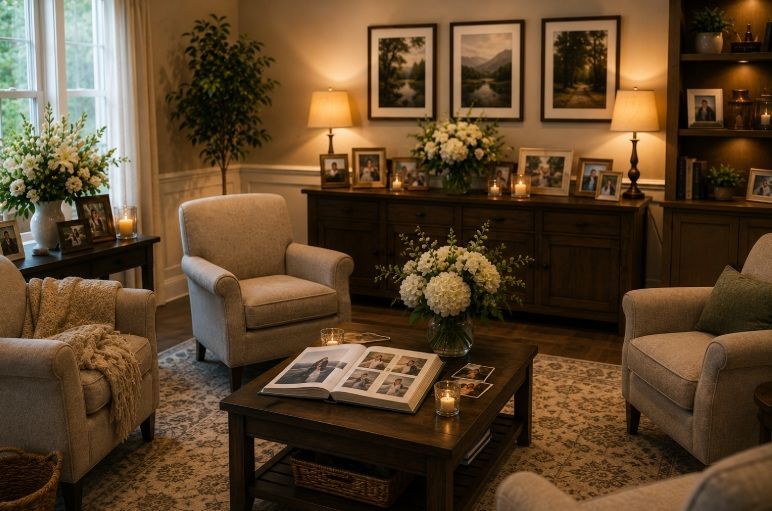 Peaceful memorial room with flowers and family photographs for cremation services in Milton, VT