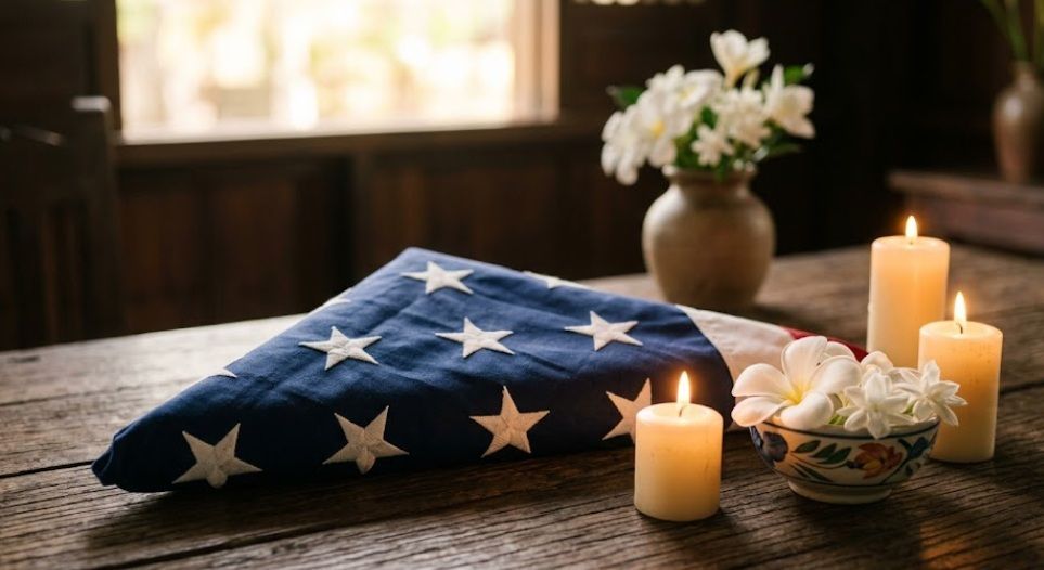 Folded American flag with candles and flowers, cremation services in Winooski VT