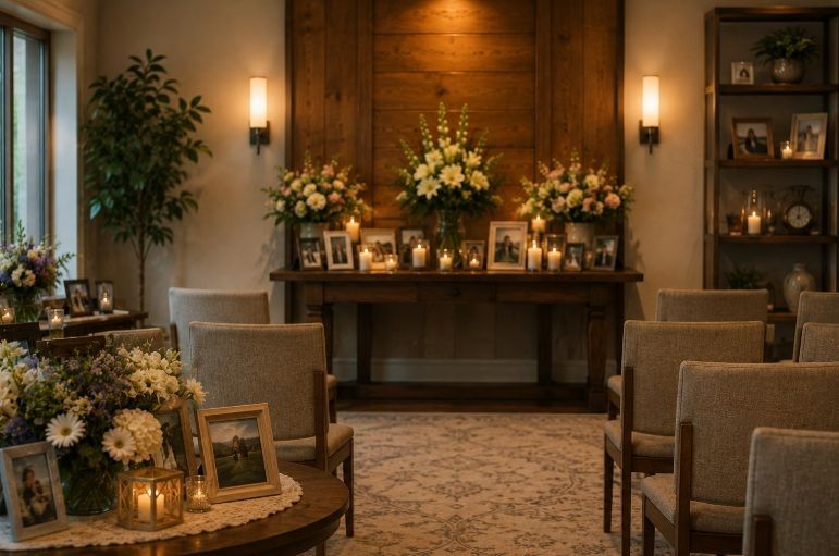 Peaceful memorial room with flowers, candles, and photographs at funeral homes in Colchester, VT