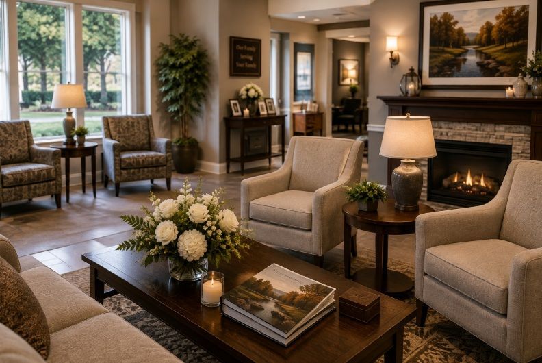 Welcoming memorial gathering room with flowers and fireplace at funeral homes in Milton, VT