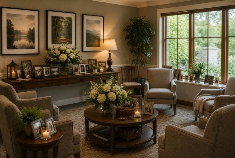 Welcoming memorial room with flowers and family photographs at funeral homes in Milton, VT