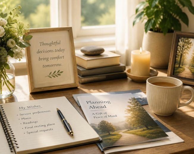 Funeral planning documents with candle and flowers at funeral homes in Winooski, VT