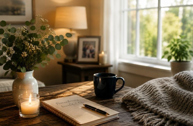 Remembrance journal, candle, and flowers offering a peaceful setting at funeral homes in Winooski, V