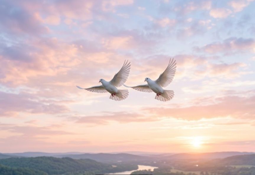 Two white doves flying over sunset valley symbolizing remembrance in Colchester VT